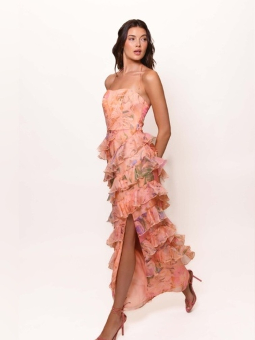 Hutch Peach Floral Ruffle High-Low Dress